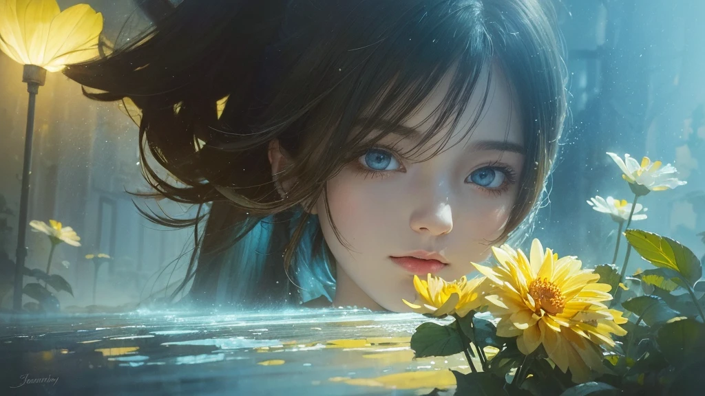 32k, Masterpiece, Highest quality, One girl, Brown Hair, Detailed eyes, flower,Dahlia, Light blue and yellow style,A dreamy, romantic piece,Pale yellow, Mysterious Leaves,A playful arrangement,Fantasy,High Contrast,Ink strokes,explosion,Exposure, Impression of light blue and yellow tones,Abstract,((Watercolours by John Berkey and Jeremy Mann )) Brush strokes,Negative Space, Tyndall effect,