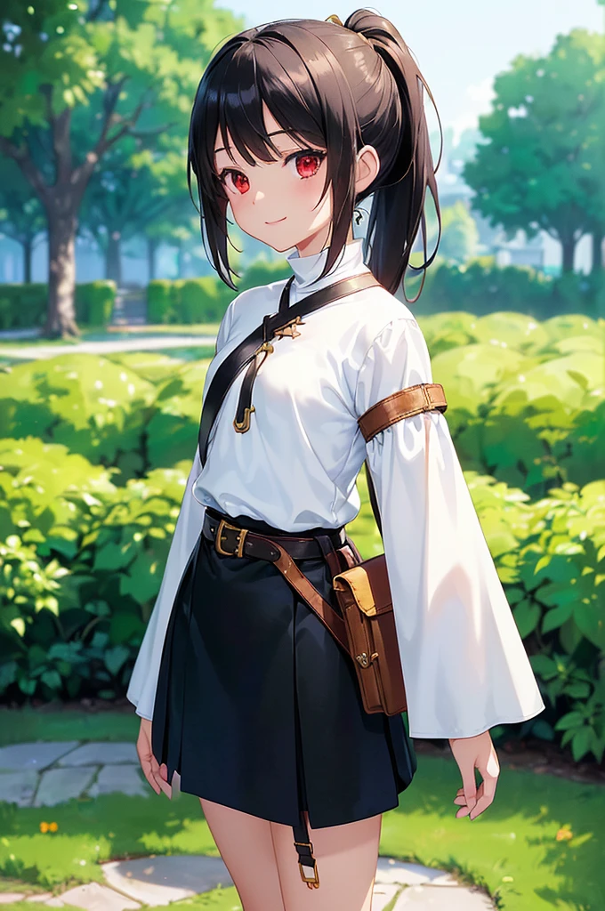 (masterpiece; best quality: 1.2), (finely detailed eyes: 1.3), ((10 year old female ???)), ((solo)), (red eyes: 1.4), (body; short, slender, small breasts: 1.3), (black hair in ponytail: 1.3), (beautiful and clear background: 1.2), ((depth of field)), (clothes: wanderer mage attire + white-and-gold wide-sleeve high-neck shirt + long black skirt + belts + traveler pouches and satchel: 1.3), (anime illustration: 1.2), (background; garden exterior: 1.1), (extremely fine and beautiful: 1.1), (shot composition; standing + centered on torso + close-up: 1.5), (expression; calm, smile: 1.2)