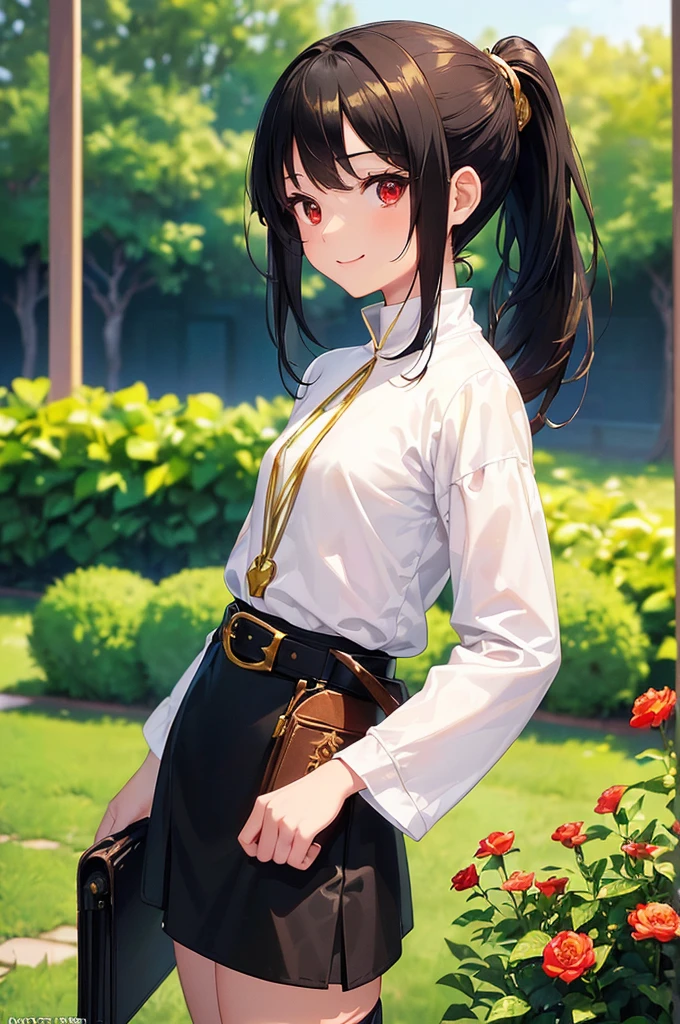 (masterpiece; best quality: 1.2), (finely detailed eyes: 1.3), ((10 year old female ???)), ((solo)), (red eyes: 1.4), (body; short, slender, small breasts: 1.3), (black hair in ponytail: 1.3), (beautiful and clear background: 1.2), ((depth of field)), (clothes: wanderer mage attire + white-and-gold wide-sleeve high-neck shirt + long black skirt + belts + traveler pouches and satchel: 1.3), (anime illustration: 1.2), (background; garden exterior: 1.1), (extremely fine and beautiful: 1.1), (shot composition; standing + centered on torso + close-up: 1.5), (expression; calm, smile: 1.2)