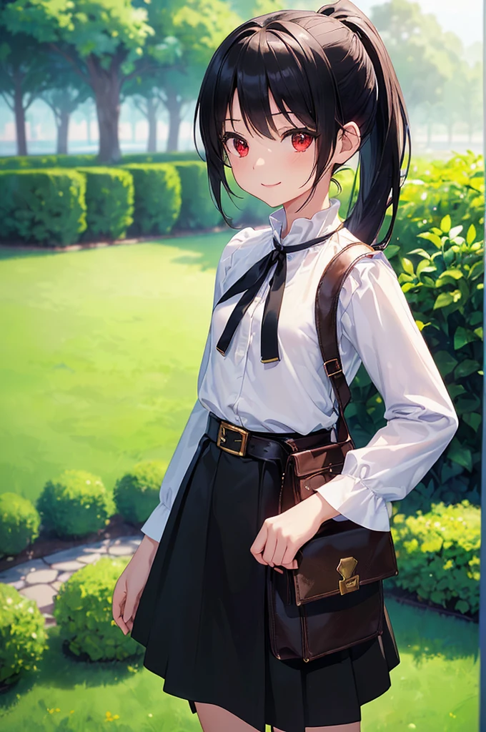 (masterpiece; best quality: 1.2), (finely detailed eyes: 1.3), ((10 year old female kid)), ((solo)), (red eyes: 1.4), (body; short, slender, small breasts: 1.3), (black hair in ponytail: 1.3), (beautiful and clear background: 1.2), ((depth of field)), (clothes: wanderer mage attire + white-and-gold wide-sleeve high-neck shirt + long black skirt + belts + traveler pouches and satchel: 1.3), (anime illustration: 1.2), (background; garden exterior: 1.1), (extremely fine and beautiful: 1.1), (shot composition; standing + centered on torso + close-up: 1.5), (expression; calm, smile: 1.2)