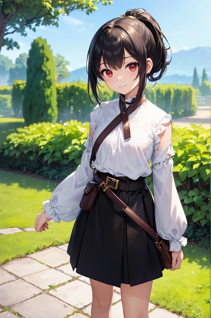 (masterpiece; best quality: 1.2), (finely detailed eyes: 1.3), ((10 year old female kid)), ((solo)), (red eyes: 1.4), (body; short, slender, small breasts: 1.3), (black hair in ponytail: 1.3), (beautiful and clear background: 1.2), ((depth of field)), (clothes: wanderer mage attire + white-and-gold wide-sleeve high-neck shirt + long black skirt + belts + traveler pouches and satchel: 1.3), (anime illustration: 1.2), (background; garden exterior: 1.1), (extremely fine and beautiful: 1.1), (shot composition; standing + centered on torso + close-up: 1.5), (expression; calm, smile: 1.2)