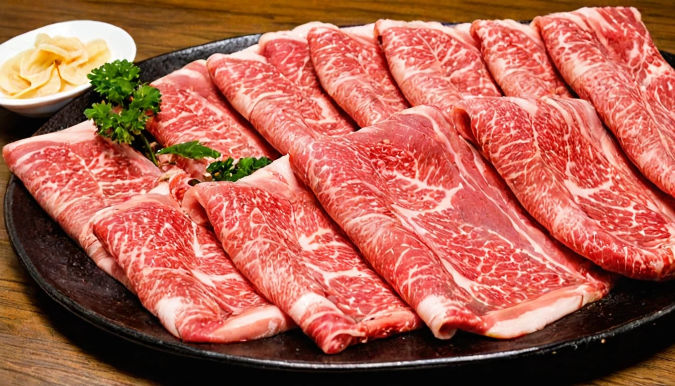 An enticing stack of premium Japanese Wagyu beef slices, meticulously arranged for hot pot, bathed in a focused ambient light that accentuates the meat's surface. This light should make the intricate patterns of fat within the Wagyu shimmer, emphasizing its luxury and enhancing its realism. The Wagyu's signature marbling should glisten under the light, reflecting its rich oil content. The color of the beef should be a deep, vibrant pinkish-red, with heightened saturation and contrast to make it pop. The plate, elegant and understated, should serve as a foundation for the towering Wagyu slices. The photograph's quality should be of high resolution, capturing the depth and height of the stacked Wagyu slices, emphasizing their volume and abundance,