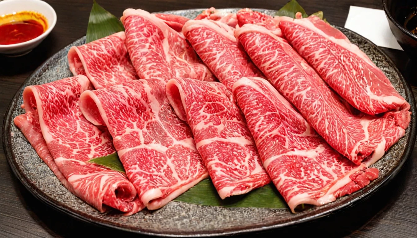 An enticing stack of premium Japanese Wagyu beef slices, meticulously arranged for hot pot, bathed in a focused ambient light that accentuates the meat's surface. This light should make the intricate patterns of fat within the Wagyu shimmer, emphasizing its luxury and enhancing its realism. The Wagyu's signature marbling should glisten under the light, reflecting its rich oil content. The color of the beef should be a deep, vibrant pinkish-red, with heightened saturation and contrast to make it pop. The plate, elegant and understated, should serve as a foundation for the towering Wagyu slices. The photograph's quality should be of high resolution, capturing the depth and height of the stacked Wagyu slices, emphasizing their volume and abundance,