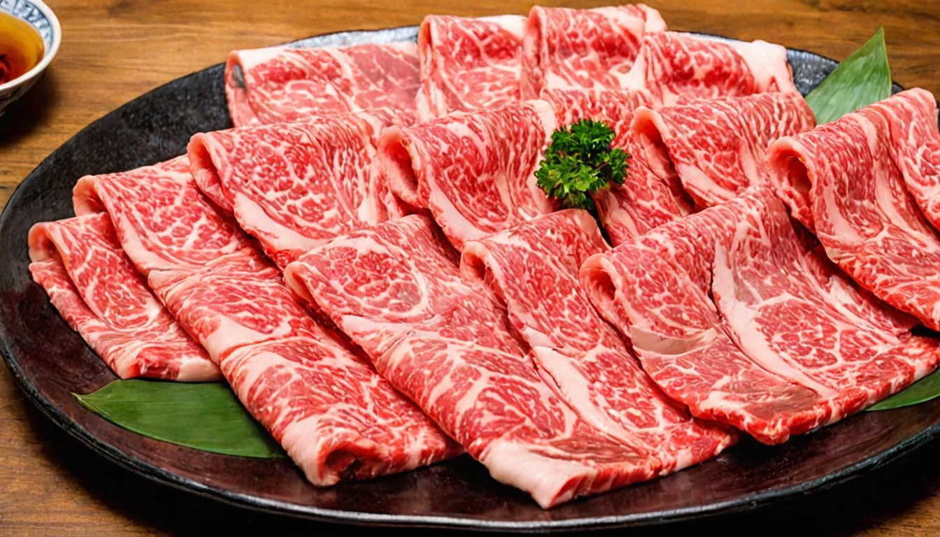 An enticing stack of premium Japanese Wagyu beef slices, meticulously arranged for hot pot, bathed in a focused ambient light that accentuates the meat's surface. This light should make the intricate patterns of fat within the Wagyu shimmer, emphasizing its luxury and enhancing its realism. The Wagyu's signature marbling should glisten under the light, reflecting its rich oil content. The color of the beef should be a deep, vibrant pinkish-red, with heightened saturation and contrast to make it pop. The plate, elegant and understated, should serve as a foundation for the towering Wagyu slices. The photograph's quality should be of high resolution, capturing the depth and height of the stacked Wagyu slices, emphasizing their volume and abundance,