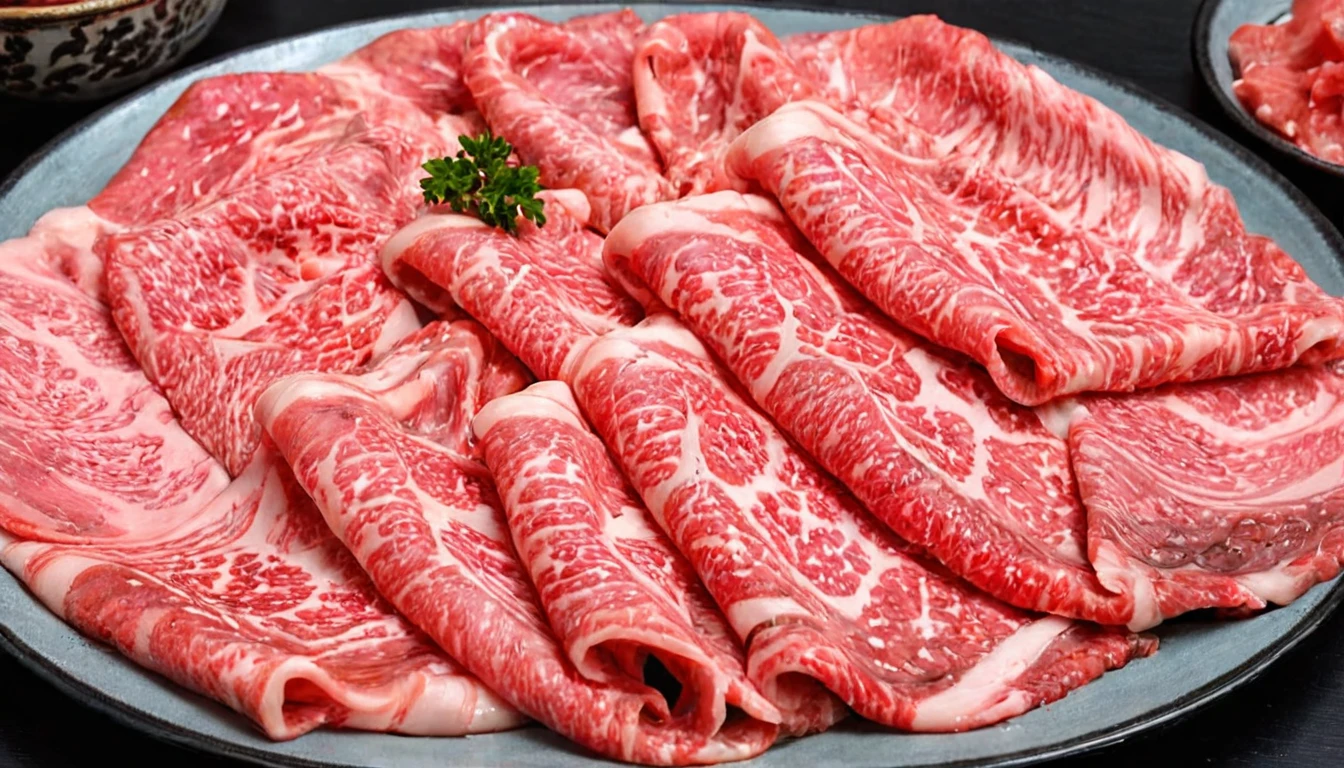 An enticing stack of premium Japanese Wagyu beef slices, meticulously arranged for hot pot, bathed in a focused ambient light that accentuates the meat's surface. This light should make the intricate patterns of fat within the Wagyu shimmer, emphasizing its luxury and enhancing its realism. The Wagyu's signature marbling should glisten under the light, reflecting its rich oil content. The color of the beef should be a deep, vibrant pinkish-red, with heightened saturation and contrast to make it pop. The plate, elegant and understated, should serve as a foundation for the towering Wagyu slices. The photograph's quality should be of high resolution, capturing the depth and height of the stacked Wagyu slices, emphasizing their volume and abundance,