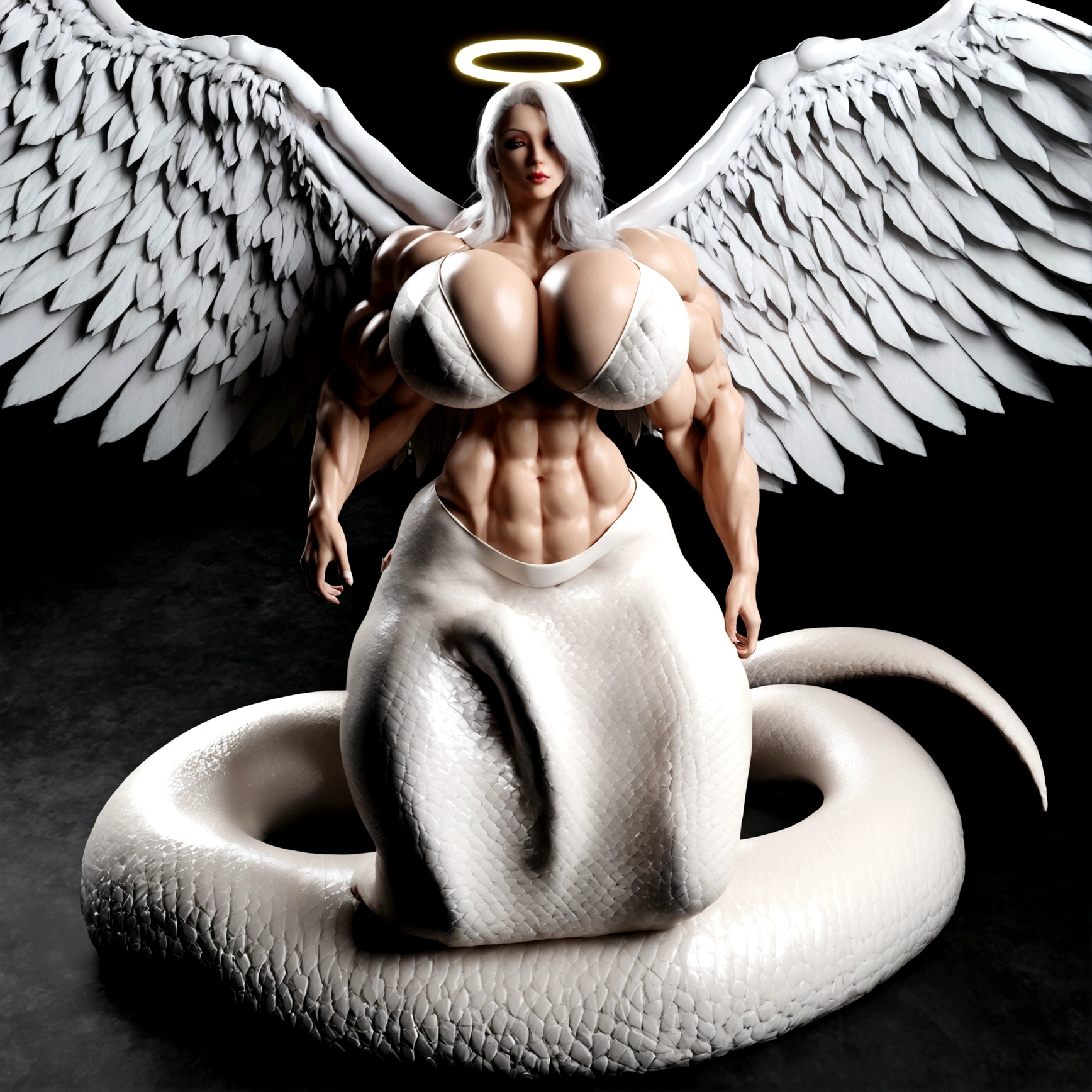 Lamia, long white hair, halo, big angel wings, gigantic muscle, erect penis, big breasts, 4 arms, full body.