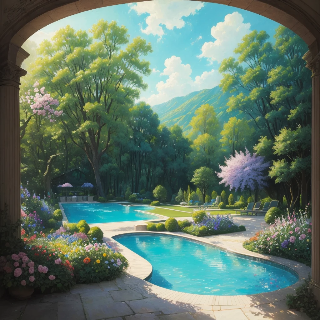 a view of a pool surrounded by trees and flowers in a garden, a pastel by Bernard D’Andrea, flickr, renaissance, many plants and infinite pool, 🌻🎹🎼, with a garden as foreground, green grasse trees and river, terraced orchards and ponds, lush garden in the background, incredibly beautiful, visually pleasing, soothing and cozy landscape