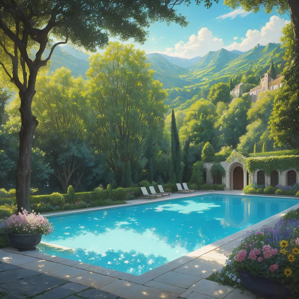 a view of a pool surrounded by trees and flowers in a garden, a pastel by Bernard D’Andrea, flickr, renaissance, many plants and infinite pool, 🌻🎹🎼, with a garden as foreground, green grasse trees and river, terraced orchards and ponds, lush garden in the background, incredibly beautiful, visually pleasing, soothing and cozy landscape