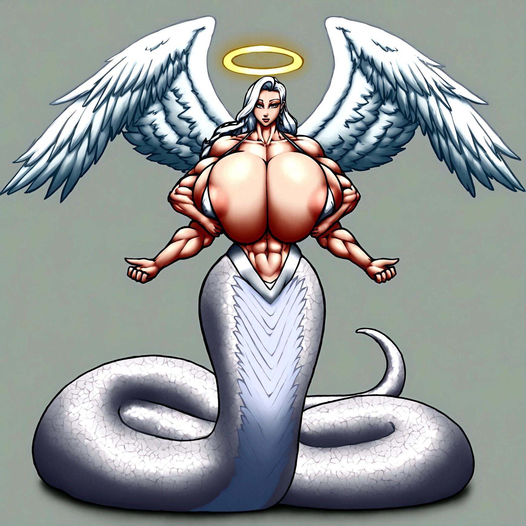 Lamia, long white hair, halo, big angel wings, gigantic muscle, erect penis, big breasts, 4 arms, full body.