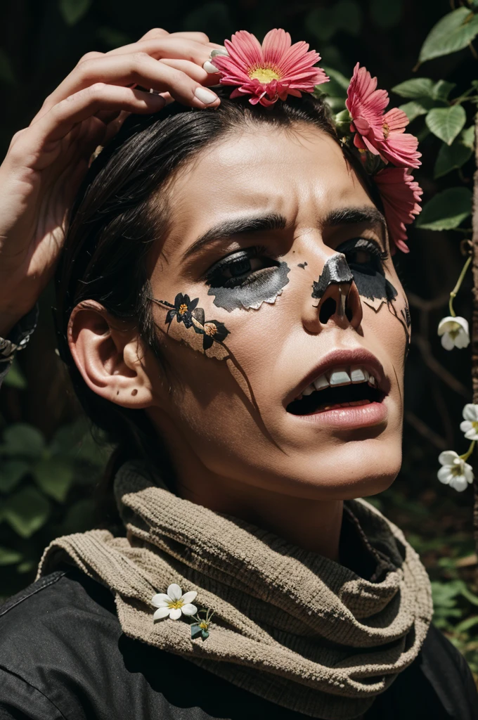 Create a cool image of a broken skull with nature and flowers on itthe background should be black