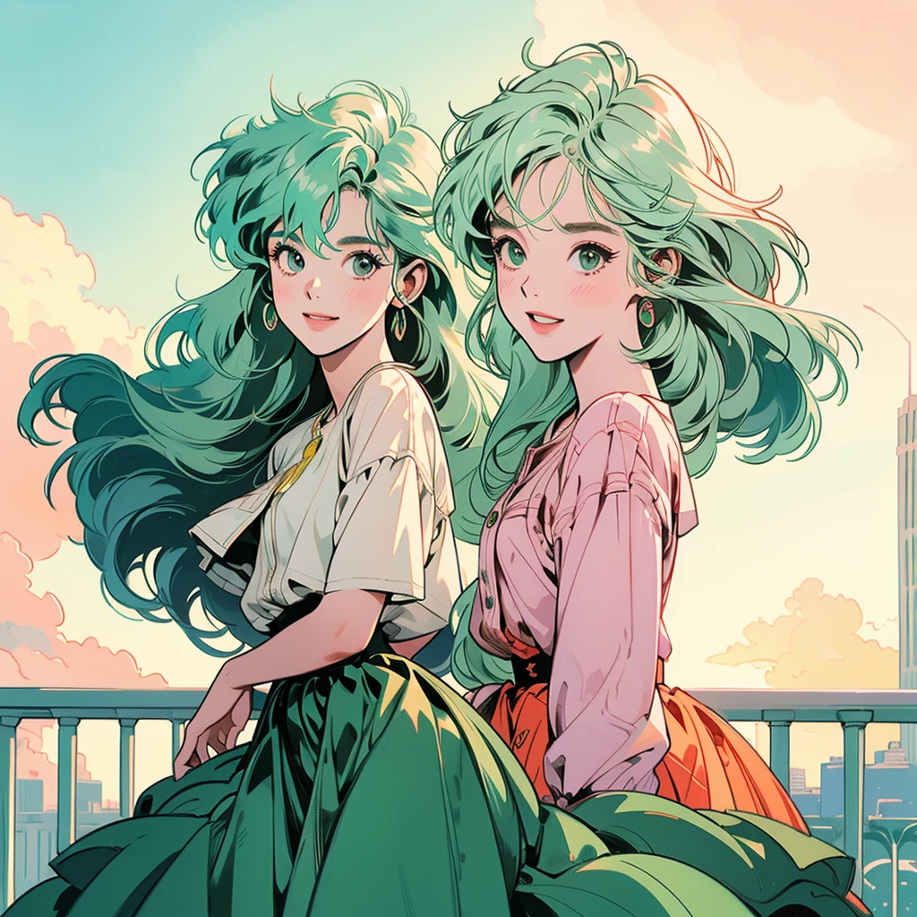 whole body、Cheerful face、smile、One beautiful woman、White shirt、skirt、Pedestrian bridge、Skyscraper、sunset、Complex background、Detailed Hair、Light green hair、hair like clouds、Soft Hair、Two Side Up Hair、Faint lighting、There is movement