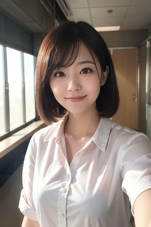 One girl, Mature Woman, E Cup,photograph, Realistic, Highest quality, employment, office,Detailed face, Detailed Background, Diffused sunlight, Depth of written boundary, Bokeh,Bob,smile,front,Wide Eyes,Ayako Hironaka,Selfie,Upper Body,OL,Returning Home