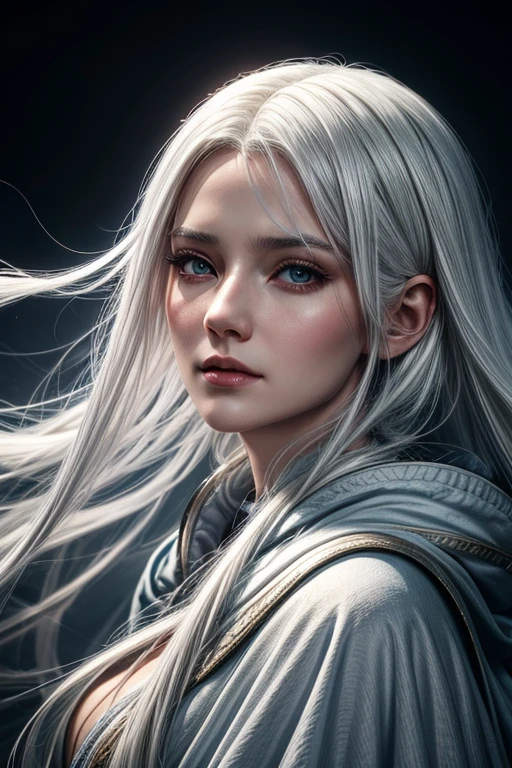 Arafed picture of a woman with white hair and a blue cloak, yuri shwedoff and tom bagshaw, Jingna Zhang, weißhaarig lady, White hair floats in the air, cloud-like white hair, Matte Painting Portrait Shot, Ross Tran 8 K, weißhaarig, Girl with white hair, Portrait of a science fiction woman, with long white hair