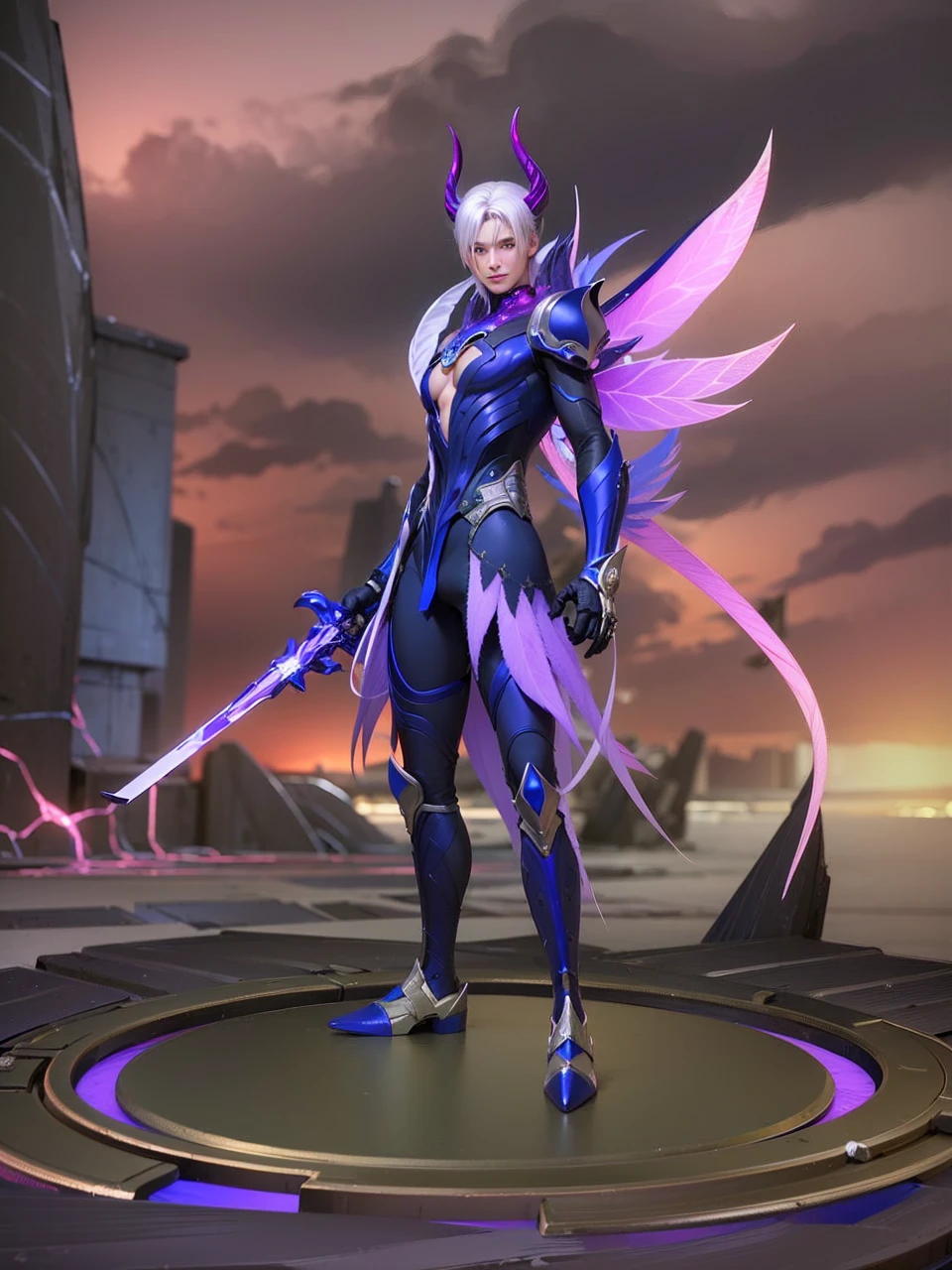 masculine male, masterpiece, ((perfect eyes)) best quality, (semirealism:1.9), beautiful lighting, (extremely detailed CG unity 4k fhd wallpaper), High Detail, Sharp focus, dramatic outdoors, 1 boy ,19 years old, white hair, light purpel eyes, smile.
