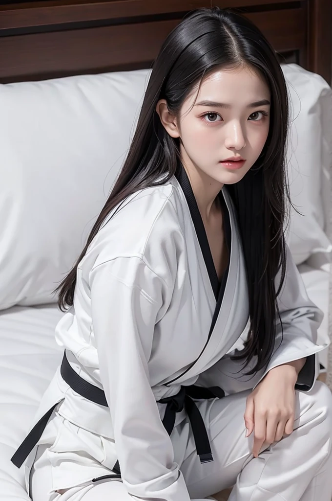 masterpiece, ultra details, best quality, 1 korean taekwondo girl, masterpiece, ultra details, best quality, black long straight hair, wearing sweaty white World Taekwondo Federation dobok uniform with black v-neck, wearing taekwondo blackbelt, wearing white martial arts pants without pockets, large sweaty butt, large breasts, laying on wet hotel bed showing butt, sweat droplets on face, seductive facial expression, blushing