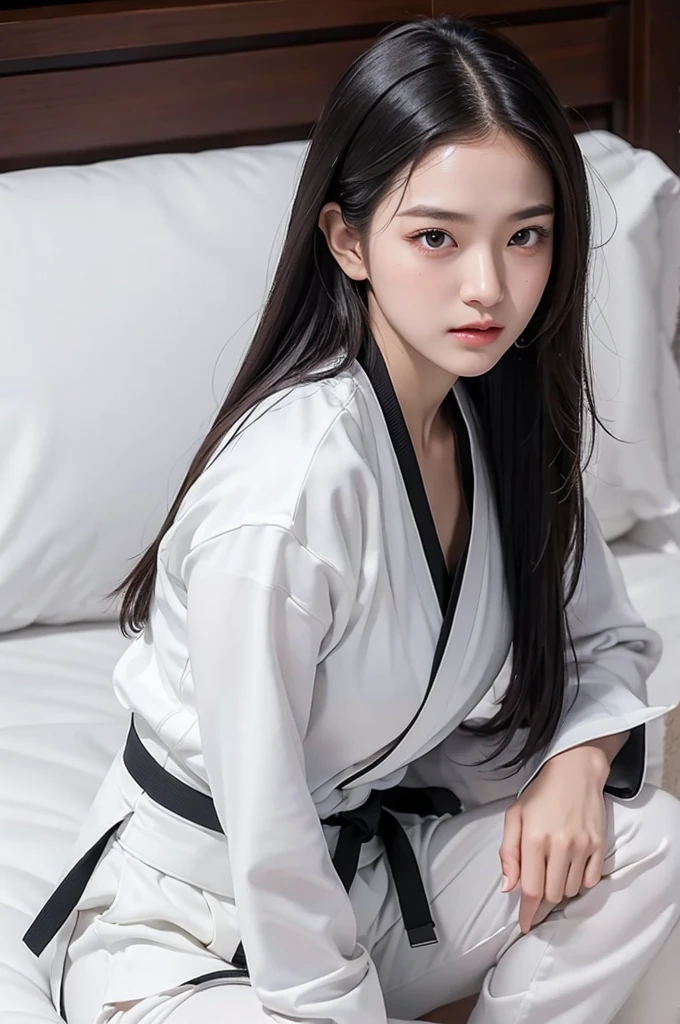 masterpiece, ultra details, best quality, 1 korean taekwondo girl, masterpiece, ultra details, best quality, black long straight hair, wearing sweaty white World Taekwondo Federation dobok uniform with black v-neck, wearing taekwondo blackbelt, wearing white martial arts pants without pockets, large sweaty butt, large breasts, laying on wet hotel bed showing butt, sweat droplets on face, seductive facial expression, blushing