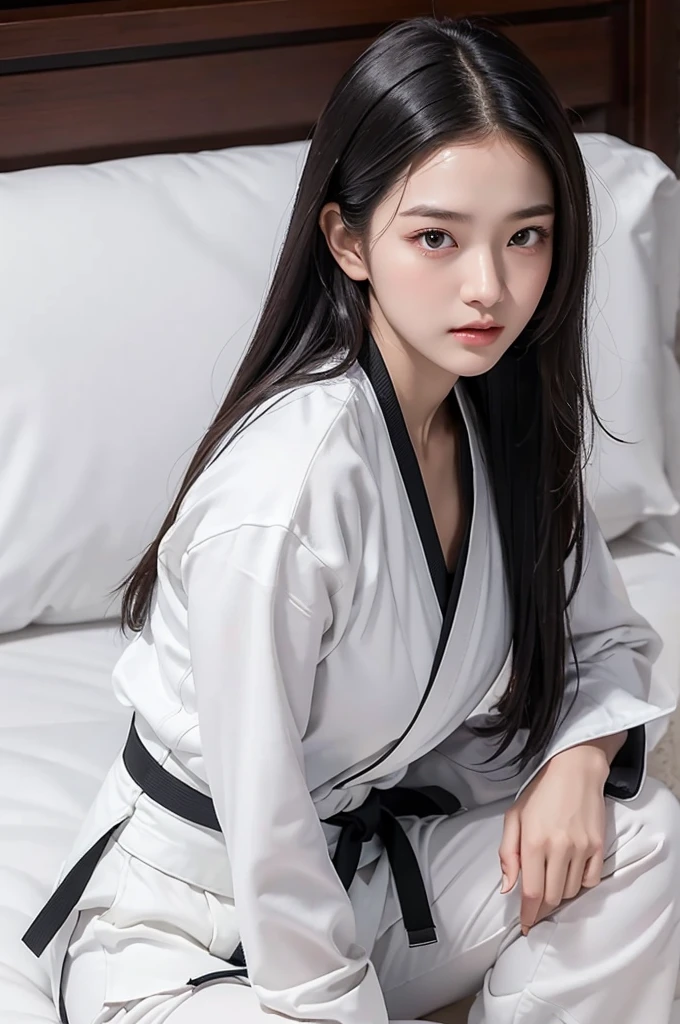 masterpiece, ultra details, best quality, 1 korean taekwondo girl, masterpiece, ultra details, best quality, black long straight hair, wearing sweaty white World Taekwondo Federation dobok uniform with black v-neck, wearing taekwondo blackbelt, wearing white martial arts pants without pockets, large sweaty butt, large breasts, laying on wet hotel bed showing butt, sweat droplets on face, seductive facial expression, blushing