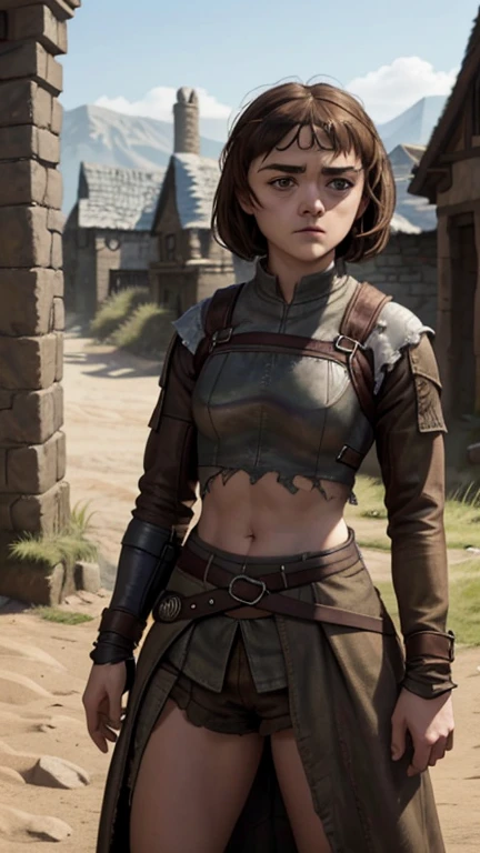 8k, Maisie Williams face, pale skin, toned abs, small ??????, round ???, her round ??? visible, brown hair, Maisie Williams as Arya Stark, torn ragged peasant clothes, standing stance, winterfell in background