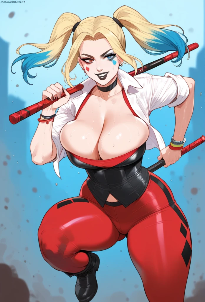 mixed_artwork style, neckleace, sweaty, 1 girl, hands, legs thick, corpo sweaty, Harley Quinn (injustice 2), blonde hair with colored highlights, pale makeup, black lipstick, sinister smile, holding a stick of dynamite, bending over, swinging boobs, big , cleavage, dirty,