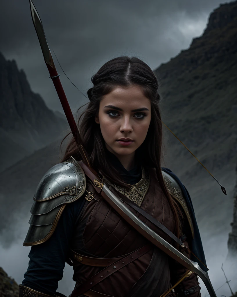 beautiful detailed eyes, beautiful detailed lips, extremely detailed eyes and face, long eyelashes, 1girl, archer, medieval fantasy, bow and arrow, detailed fantasy armor, dramatic lighting, cinematic composition, epic fantasy landscape, mist, dramatic mood, dramatic colors, moody colors