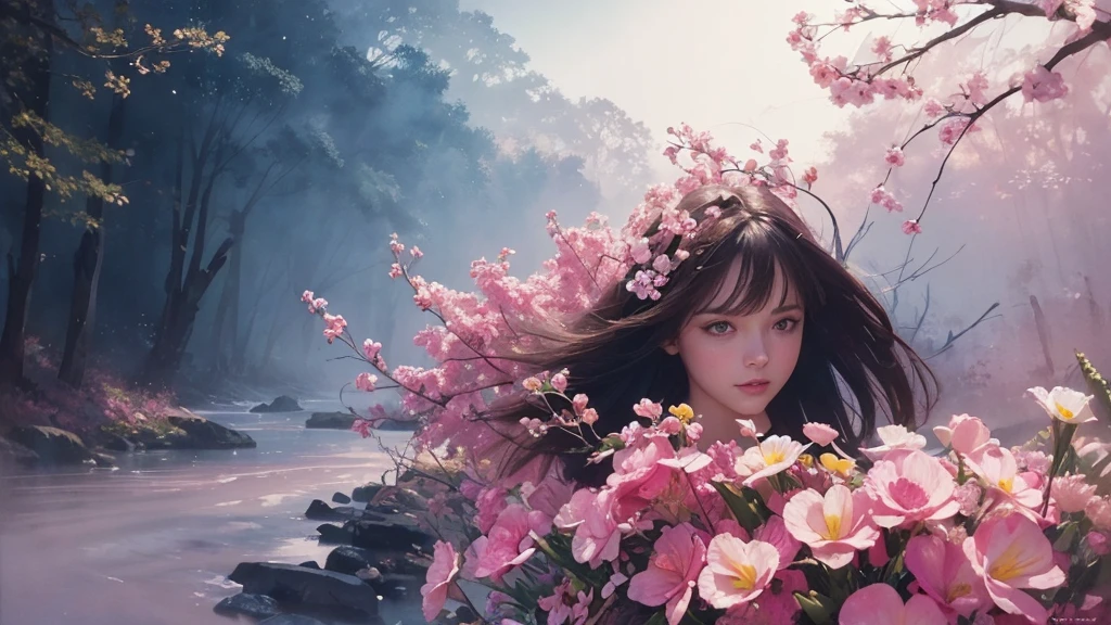 32k, Masterpiece, Highest quality, One girl, Brown Hair, Detailed eyes, flower,Freesia, Pink and navy style,A dreamy, romantic piece,Pale yellow, Mysterious Leaves,A playful arrangement,Fantasy,High Contrast,Ink strokes,explosion,Exposure, Impression of pink and navy tones,Abstract,((Watercolours by John Berkey and Jeremy Mann )) Brush strokes,Negative Space, Tyndall effect,