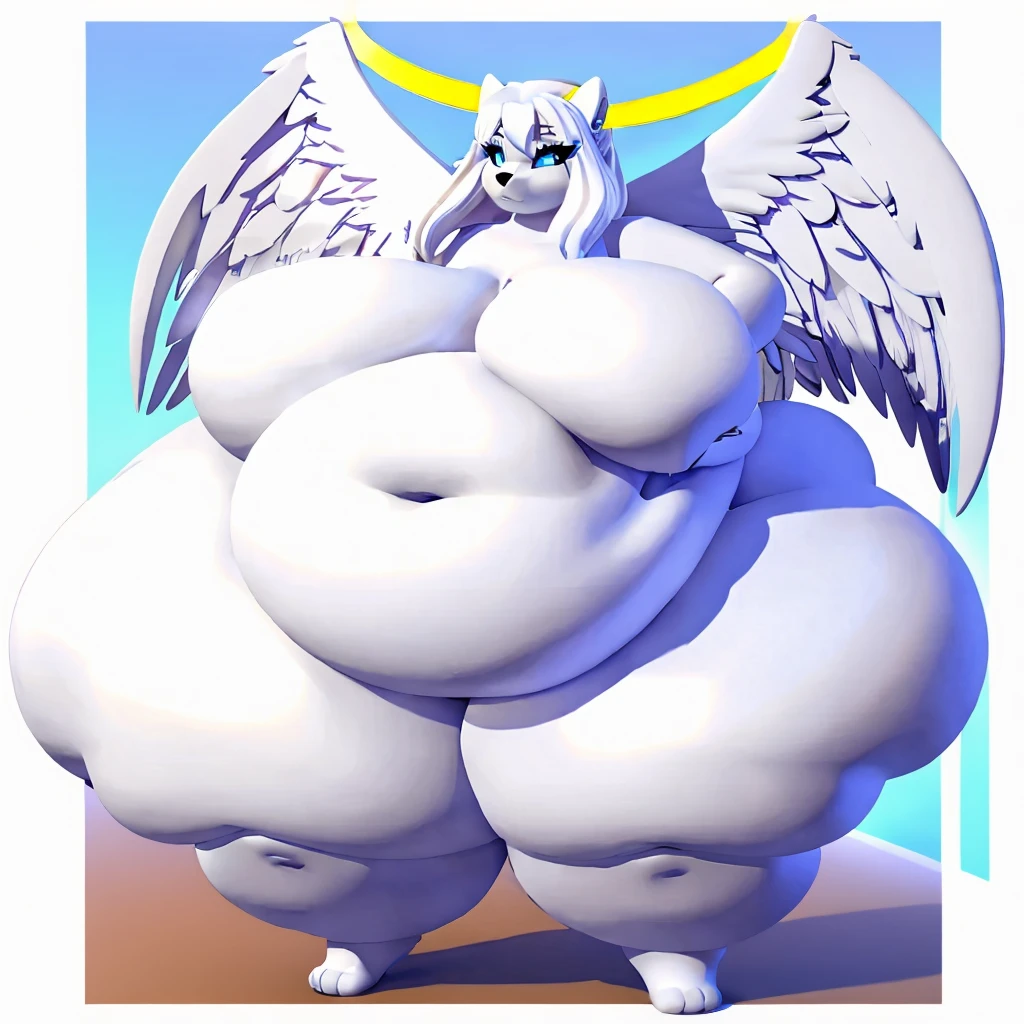 Angel arctic wolf, female, long white hair,huge breasts, huge hips, huge thighs, plump, voluptuous, gorgeous, beautiful, eyelashes,white halo,white feathery wings,fluffy tail, fluffy forearms, fluffy hair, fluffy arms,blue eyes ,huge body, corpulent, massive silhouette, feminine , chubby ,white angel halo,white angel halo, white angel halo , glistening eyes ,hair reaches the ground, 3D ,huge belly, squishing breasts with her hands, fat arms, fat legs, long navel,