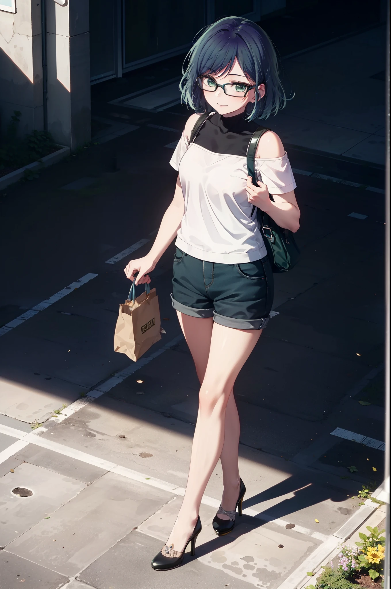 akanekurokawa, akane kurokawa, bangs, (Green Eyes:1.3), Blue Hair, Medium Hair, dark Blue Hair,smile,Black-rimmed glasses,Cold shoulder tops,Short sleeve,Shorts,Stiletto heels,Walking,Daytime,Clear skies,whole bodyがイラストに入るように,
break outdoors, School,courtyard,
break looking at viewer, whole body,
break (masterpiece:1.2), Highest quality, High resolution, unity 8k wallpaper, (figure:0.8), (Beautiful attention to detail:1.6), Highly detailed face, Perfect lighting, Highly detailed CG, (Perfect hands, Perfect Anatomy),