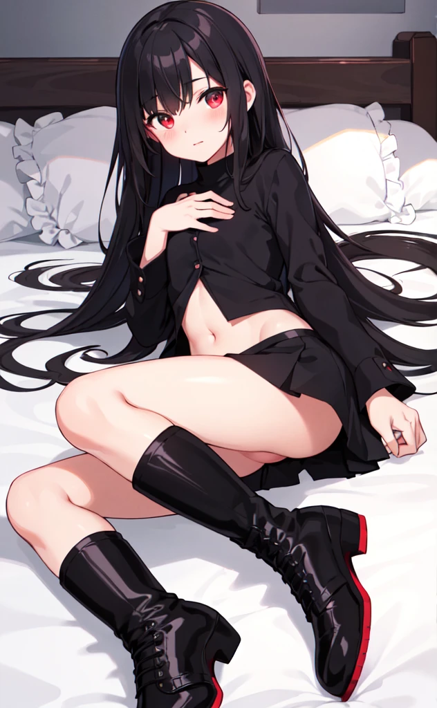 (best quality,high resolution,Beautiful detailed eyes,White lighting:1.2),red eyes, looking at viewer, long hair, black hair, long boots, black footwear, blush, laying on bed,,small shirt,small scurt,exposed stomach,small breasts