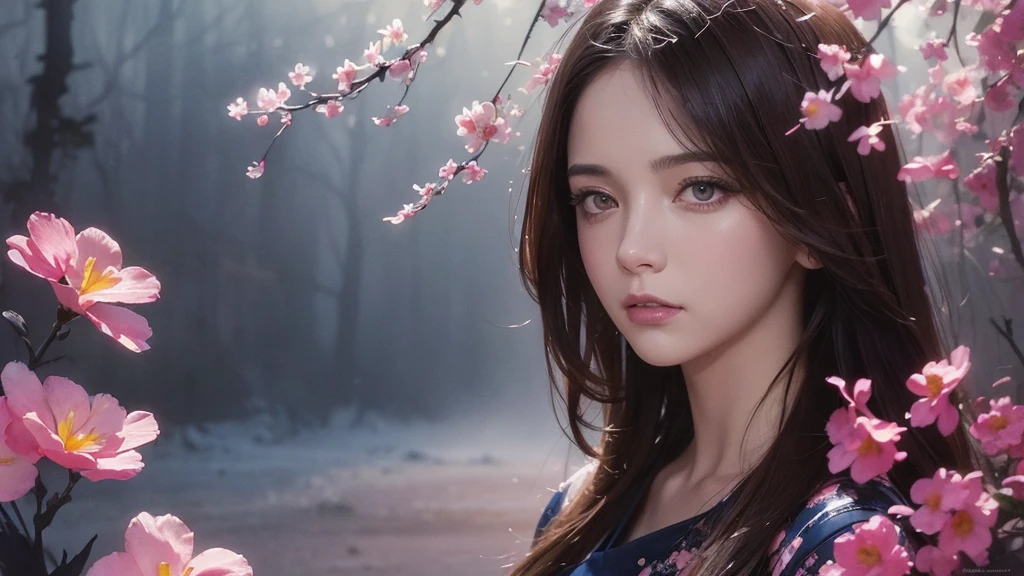 32k, Masterpiece, Highest quality, One girl, Brown Hair, Detailed eyes, flower,Freesia, Pink and navy style,A dreamy, romantic piece,Pale yellow, Mysterious Leaves,A playful arrangement,Fantasy,High Contrast,Ink strokes,explosion,Exposure, Impression of pink and navy tones,Abstract,((Watercolours by John Berkey and Jeremy Mann )) Brush strokes,Negative Space, Tyndall effect,