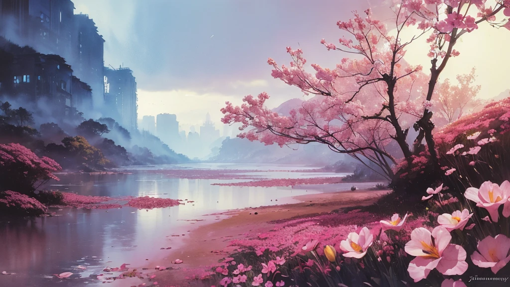 32k, Masterpiece, Highest quality, One girl, Brown Hair, Detailed eyes, flower,Freesia, Pink and navy style,A dreamy, romantic piece,Pale yellow, Mysterious Leaves,A playful arrangement,Fantasy,High Contrast,Ink strokes,explosion,Exposure, Impression of pink and navy tones,Abstract,((Watercolours by John Berkey and Jeremy Mann )) Brush strokes,Negative Space, Tyndall effect,