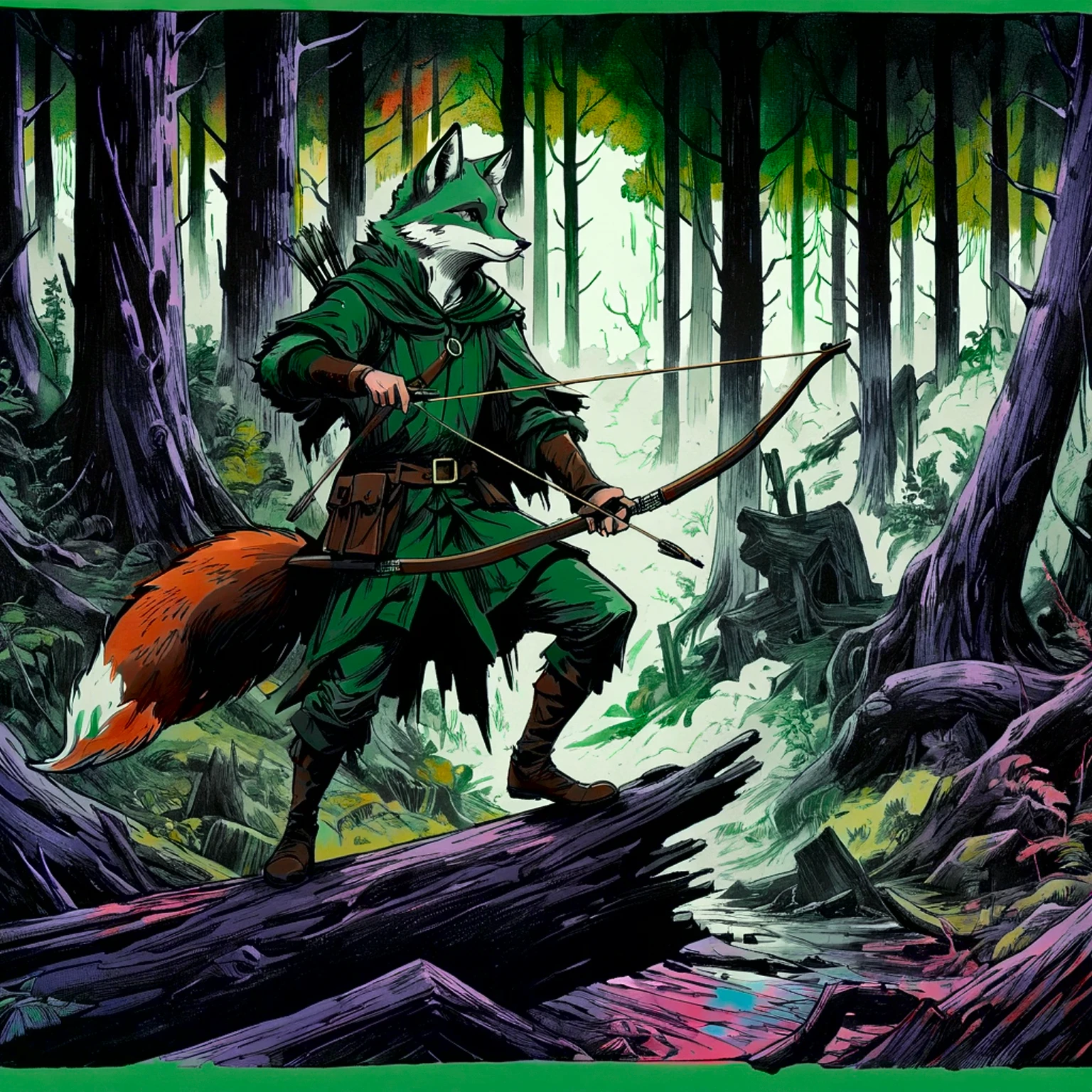 fox robin hood, Archer, animated, hand drawn, rotoscope, cinematic, expressive, ink style figure, apocalyptic russian dense forest, VHS, glitch, distorted, nostalgia, 90's retro vibes, analog tape, vcr aesthetics, tv, television, hand drawn, (full roygbiv color) ink charcoal expressive illustration, no light source, darkness, light mask uv rays across face, splash page
