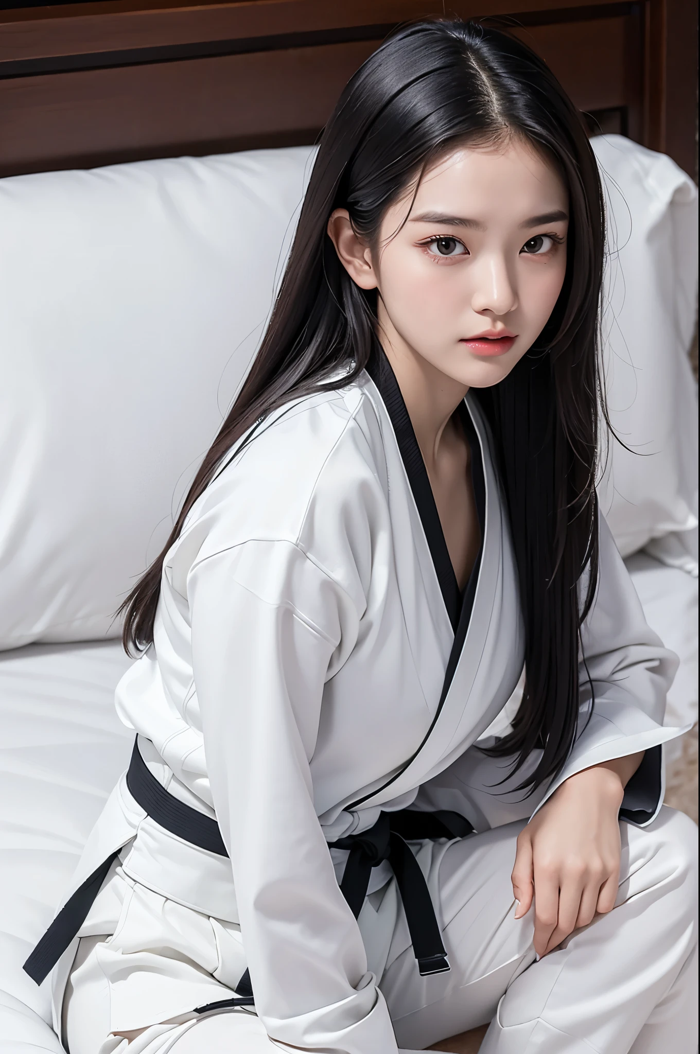 masterpiece, ultra details, best quality, 1 korean taekwondo girl, masterpiece, ultra details, best quality, black long straight hair, wearing sweaty white World Taekwondo Federation dobok uniform with black v-neck, wearing taekwondo blackbelt, wearing white martial arts pants without pockets, large sweaty butt, large breasts, laying on wet hotel bed showing butt, sweat droplets on face, seductive facial expression, blushing