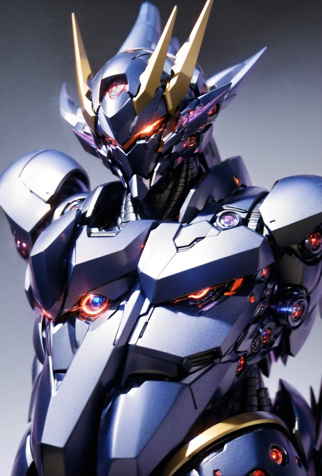 Robot, red mono eyes, blue and purple gradient body, high quality, golden horns on head, heavily armored,Robot, red glowing mono eyes, purple field body, high quality, silver horns on head, heavily armored, blue black shoulders, arm armor in austere shade,