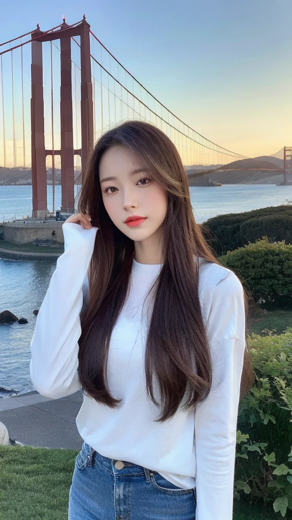 （lifelike， high resolution：1.3）， 1 girl with a perfect figure， ，The face shape and eyes are super beautiful，long hair， White long sleeves：1.2， Short jeans， Big ，The Golden Gate Bridge is in the background
