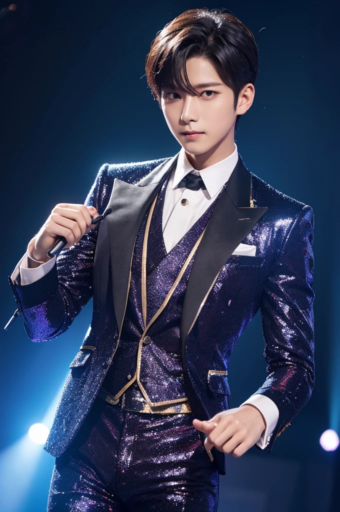 (Highest quality)One man,Sparkling, Costume,Idol, Upper Body, Dark simple background, Hands on the chest