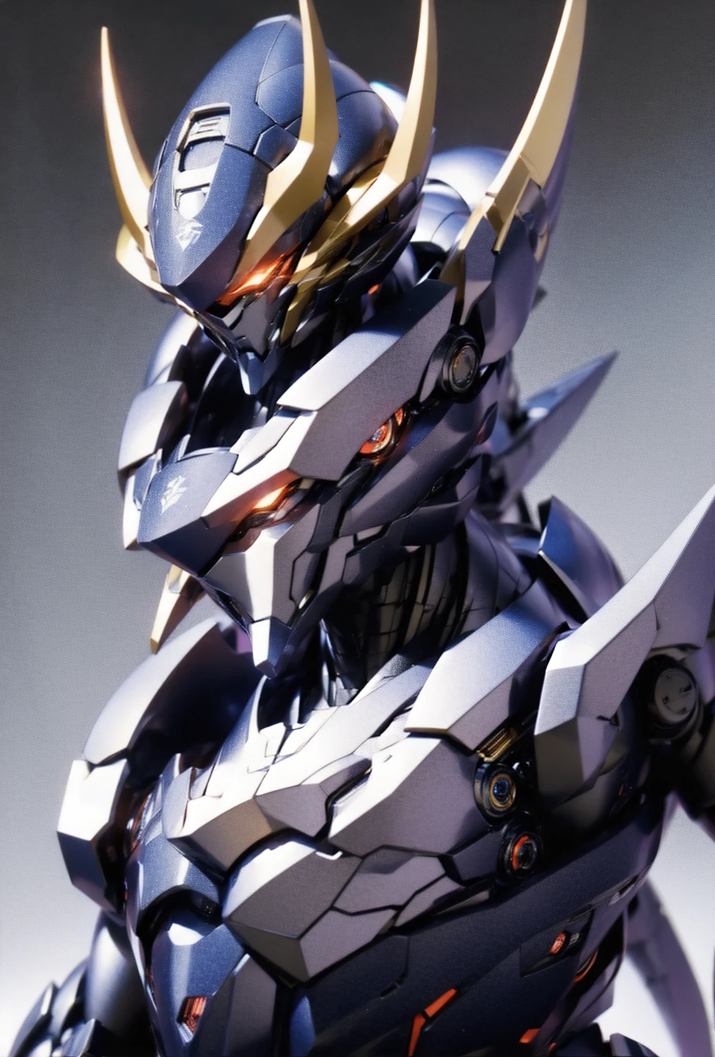 Robot, red mono eyes, blue and purple gradient body, high quality, golden horns on head, heavily armored,Robot, red glowing mono eyes, purple field body, high quality, silver horns on head, heavily armored, blue black shoulders, arm armor in austere shade,