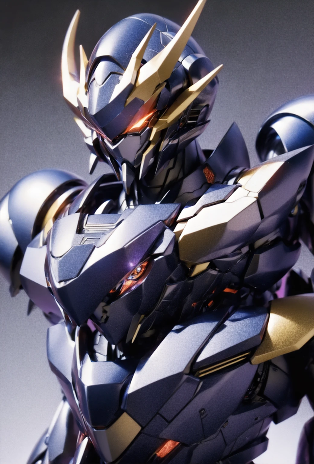 Robot, red mono eyes, blue and purple gradient body, high quality, golden horns on head, heavily armored,Robot, red glowing mono eyes, purple field body, high quality, silver horns on head, heavily armored, blue black shoulders, arm armor in austere shade,