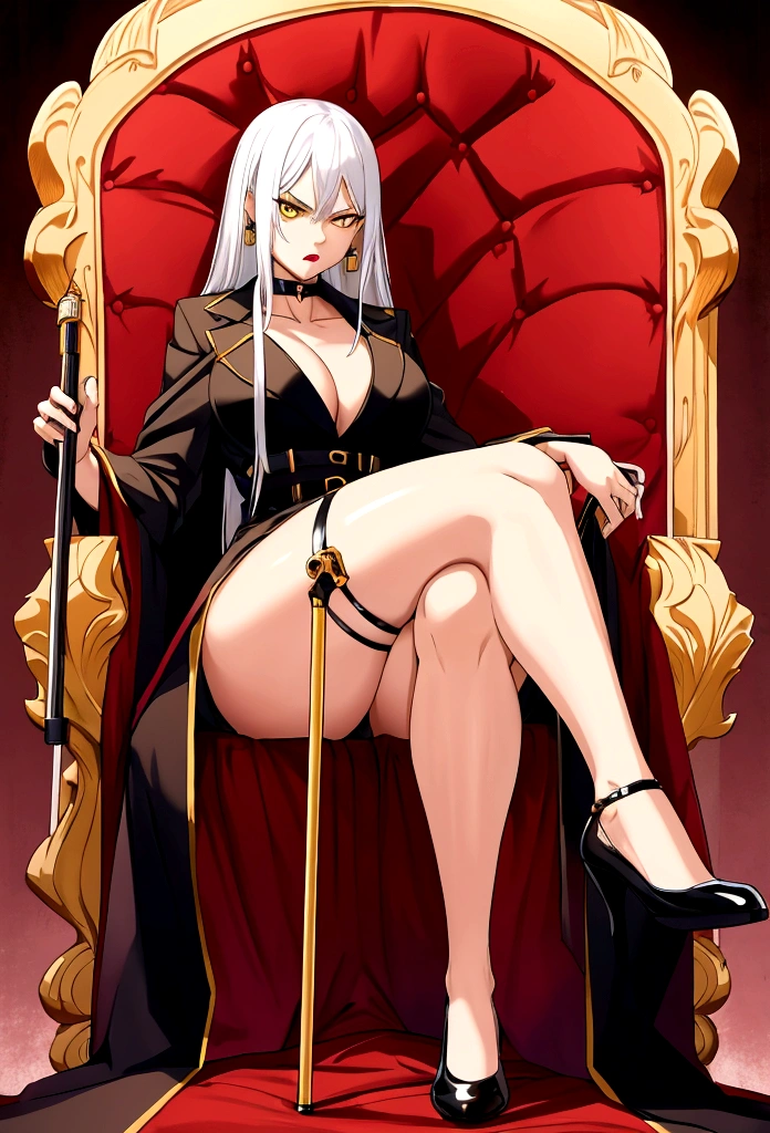 Best quality，masterpiece，a high resolution，Adult female, 1girl, Mafia member, serious face, sitting on throne, legs crossed, visible breasts apart, visible collarbone, holding cane, visible cane, lipstick, white hair, long hair, yellow eyes, black coat, long pant, thighs, black pant,