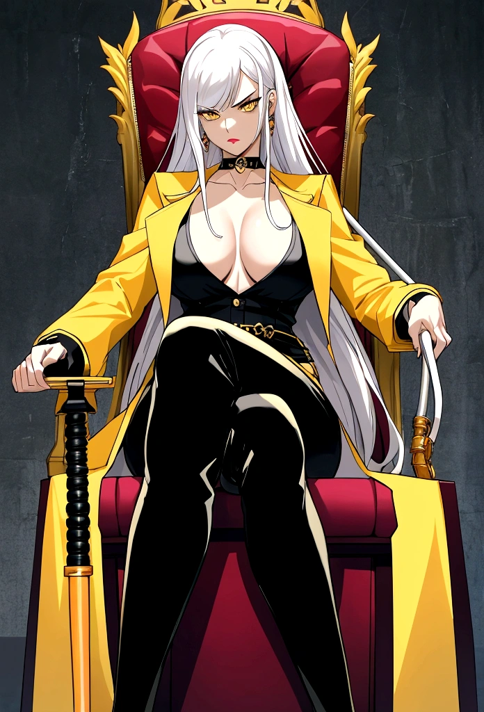 Best quality，masterpiece，a high resolution，Adult female, 1girl, Mafia member, serious face, sitting on throne, legs crossed, visible breasts apart, visible collarbone, holding cane, visible cane, lipstick, white hair, long hair, yellow eyes, black coat, long pant, thighs, black pant,