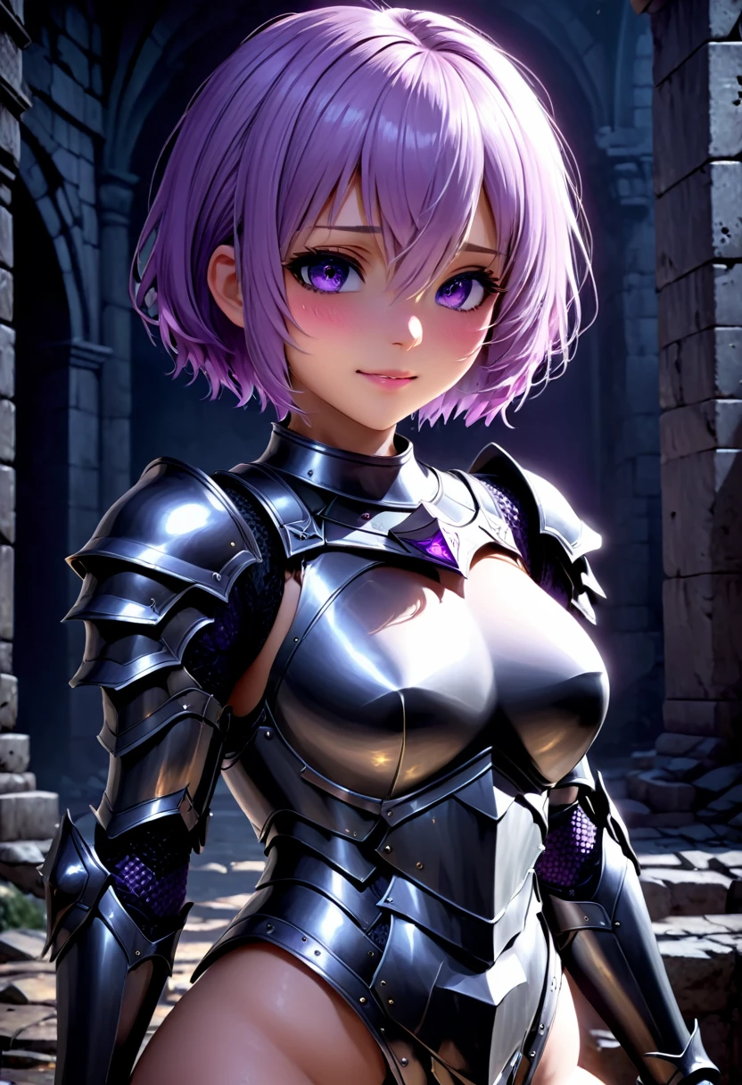 (masterpiece, top quality, best quality, beautiful and aesthetic:1.2), full body, SFW, extremely detailed, detailed face and eyes, cinematic light, depth of field, 1girl, seducing smile, solo, official, (full armored knight:1.4), dark armor, mash kyrielight, light purple hair, short hair, hair over one eye, slim body, cinematic lighting, dramatic lighting, dramatic atmosphere, hyper-realistic, high resolution, stunning contrast, high quality, best quality, 8k, 4k, intricately detailed, (amazing details:1.2), highly detailed skin, powerful presence, vibrant colors, (detailed eyes:1.2), striking eyes, (detailed background), (warzone on background, night, ruins), (dynamic angle:1.2), (dynamic pose:1.2)