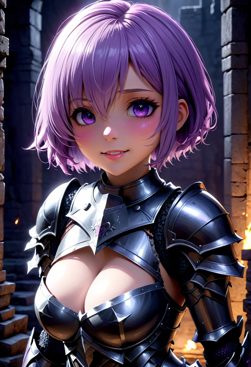 (masterpiece, top quality, best quality, beautiful and aesthetic:1.2), full body, SFW, extremely detailed, detailed face and eyes, cinematic light, depth of field, 1girl, seducing smile, solo, official, (full armored knight:1.4), dark armor, mash kyrielight, light purple hair, short hair, hair over one eye, slim body, cinematic lighting, dramatic lighting, dramatic atmosphere, hyper-realistic, high resolution, stunning contrast, high quality, best quality, 8k, 4k, intricately detailed, (amazing details:1.2), highly detailed skin, powerful presence, vibrant colors, (detailed eyes:1.2), striking eyes, (detailed background), (warzone on background, night, ruins), (dynamic angle:1.2), (dynamic pose:1.2)