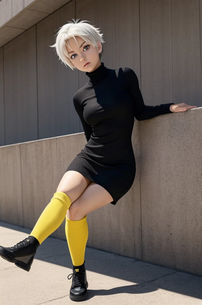 My Hero Academia anime screenshot, the whole entire body, beautiful woman, short hair, white hair, slanted eyes, yellow eyes, serious expression on face, in a black turtleneck dress short to mid-thigh, white shoes, stand looking at the camera, angle normal