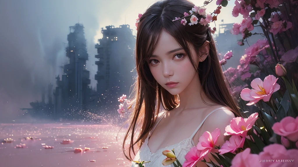 32k, Masterpiece, Highest quality, One girl, Brown Hair, Detailed eyes, flower,Freesia, Pink and navy style,A dreamy, romantic piece,Pale yellow, Mysterious Leaves,A playful arrangement,Fantasy,High Contrast,Ink strokes,explosion,Exposure, Impression of pink and navy tones,Abstract,((Watercolours by John Berkey and Jeremy Mann )) Brush strokes,Negative Space, Tyndall effect,