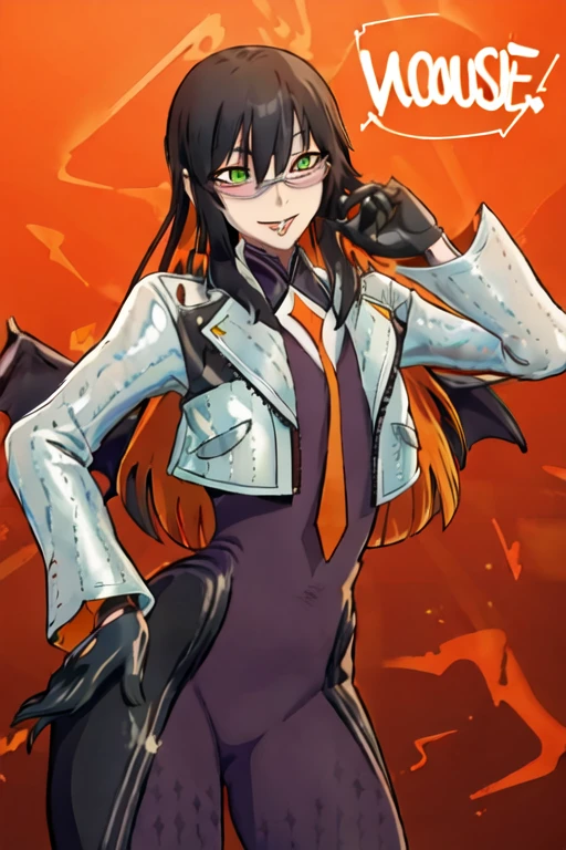 Daraku, Alone, 1girl, glasses, green eyes, jacket, bodysuit, orange tie, long hair, vampire, gloves, smile, sexy body, best quality, masterpiece, house, night