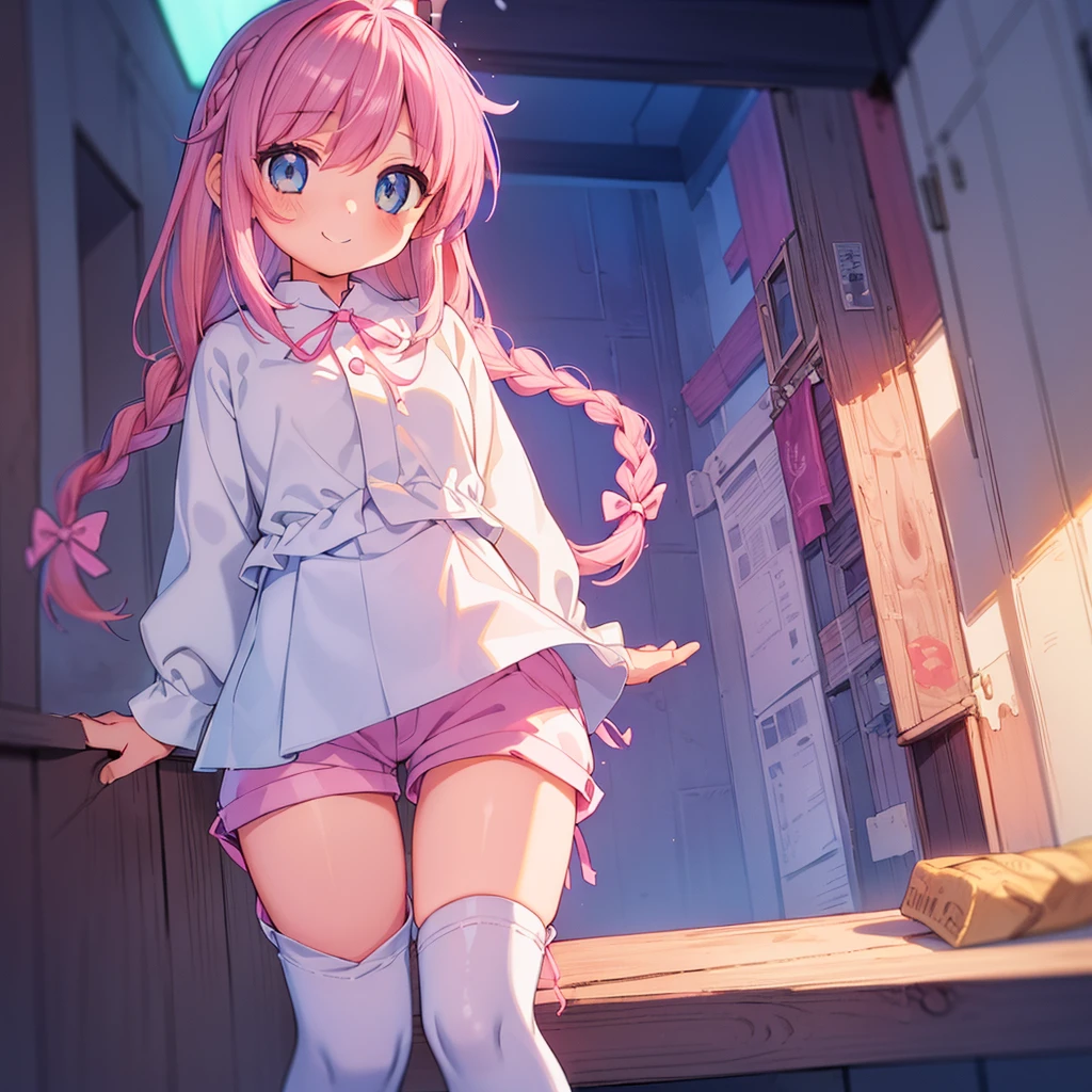 Beautiful illustrations, Highest quality, (-yeld gi、(Cute  girl),upon、(Tunic layered over chino shorts)、Tunics are white、(Chino shorts are pink)、(Thighs visible through the gaps in her chino pants)、Thigh Gap、 Beautiful Blue Eyes, Cinema Lighting,smile,(Long pink hair)、Braids and a big ribbon on the back of the head