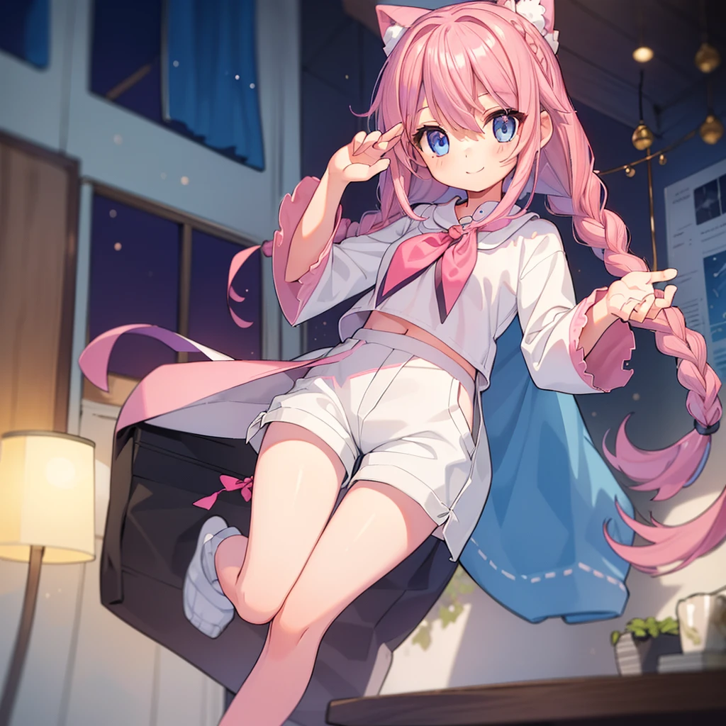 Beautiful illustrations, Highest quality, ()、(Cute girl),upon、(Tunic layered over chino shorts)、Tunics are white、(Chino shorts are pink)、(Thighs visible through the gaps in her chino pants)、Thigh Gap、 Beautiful Blue Eyes, Cinema Lighting,smile,(Long pink hair)、Braids and a big ribbon on the back of the head