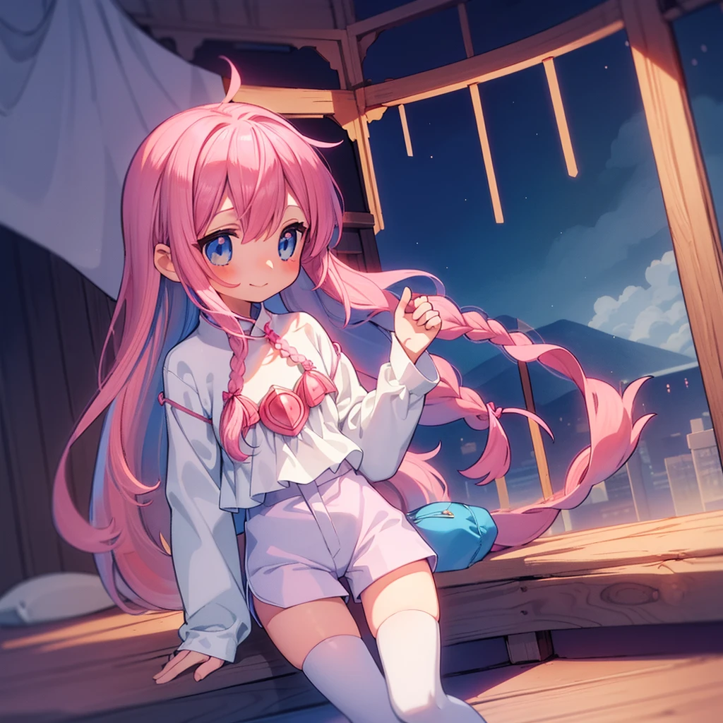 Beautiful illustrations, Highest quality, (12-year-old girl)、(Cute  girl),upon、(Tunic layered over chino shorts)、Tunics are white、(Chino shorts are pink)、(Thighs visible through the gaps in her chino pants)、Thigh Gap、 Beautiful Blue Eyes, Cinema Lighting,smile,(Long pink hair)、Braids and a big ribbon on the back of the head