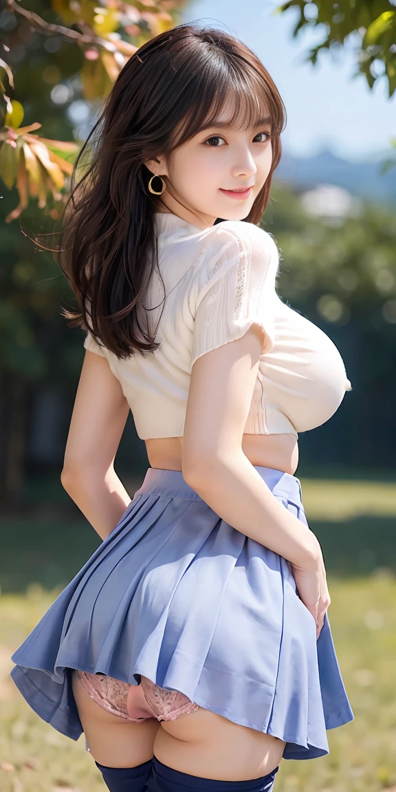 woman, 20-year-old, Short black wavy hair、bangs、plump nipples、(White turtleneck knit)、(Blue mini skirt), Black Stockings、Medium Milk, Cute Smile、((Poses that accentuate the buttocks、looked back))、Sexy Hips、Black high heels、Big Necklace、((((The wind blew my skirt away, Exposing panties...))))、(Pink lace panties)、Cute Earrings、(Please tilt your head a little)、Completely naked、nude、Flip up the skirt