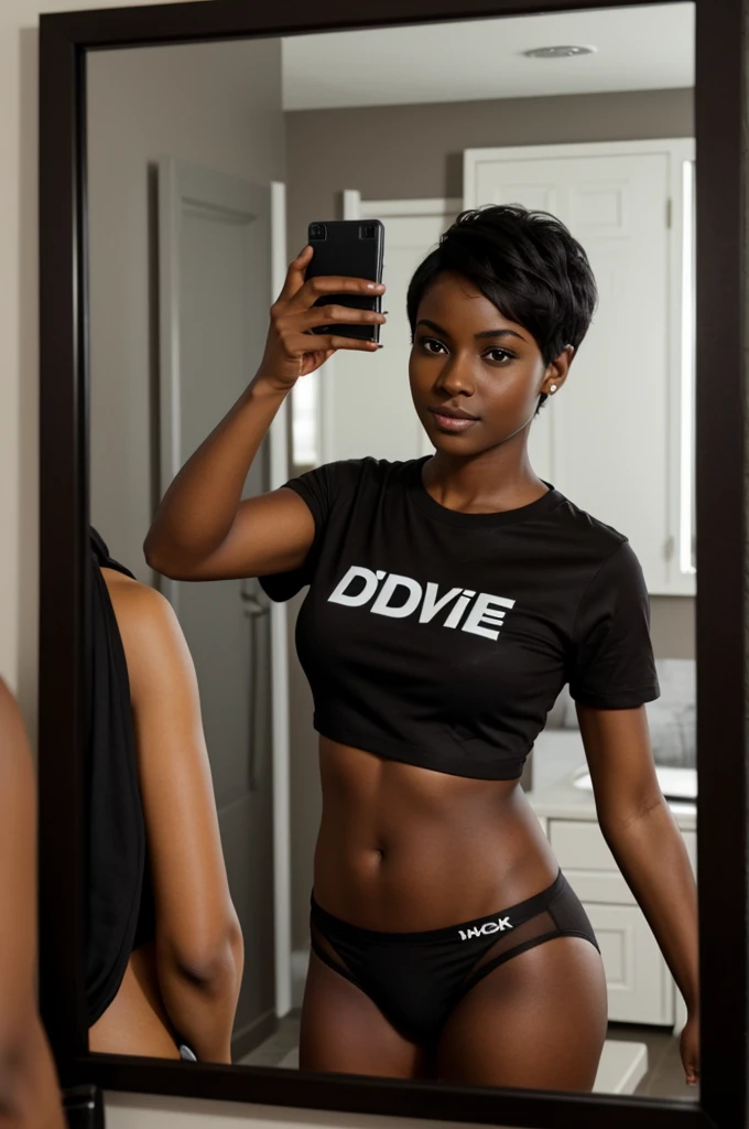 Woman of dark brown skin color is wearing black underwear,She has a t-shirt and black panties,He has short hair and is taking a photo in front of a mirror with his cell phone covering his face.