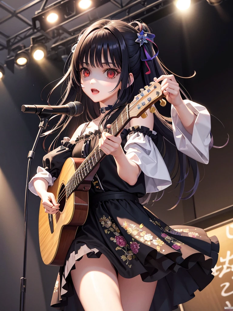 Awareness-raising、Cinematic Light、High resolution、Highest quality、Ultra-detailed、Detailed face、(Detailed eyes)、Highest quality、Ultra-detailed、masterpiece,choker、D Cup、High heels、Red eyes、Black Hair、I have a guitar、Ruffled mini skirt、AI Fantasy Concert、Glowing lights with neon details、please sing:15、(Live Stage:1.15)To the audience in the background、Reflection of light、ta Style